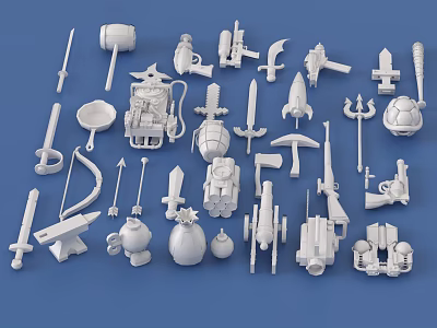 3D Printed White Weapon Models Collection With Various Types And Designs On Blue Background 3d model
