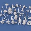 3D Printed White Weapon Models Collection With Various Types And Designs On Blue Background