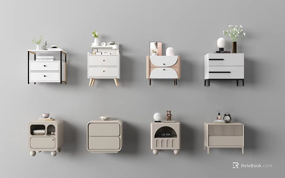 Modern Bedside Tables With Various Designs Drawers Wheels And Decorative Items 3d model