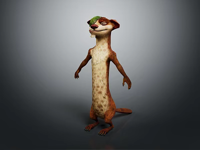 Animated Movie Game Character with Brown White Fur Green Hat Standing Pose and Sly Expression 3d model