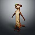 Animated Movie Game Character with Brown White Fur Green Hat Standing Pose and Sly Expression