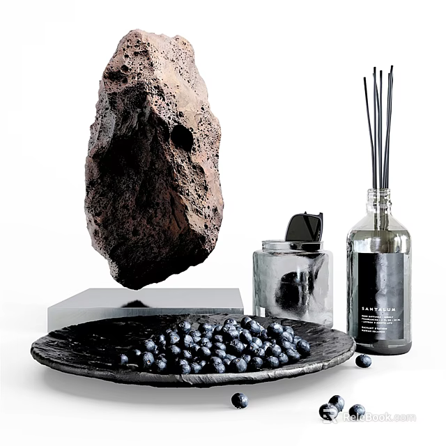 Decorative Ornament Set With Floating Rock Black Plate Blueberries Glass Jar And Reed Diffuser 3d model 