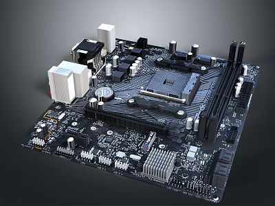Modern Computer Motherboard Featuring CPU Socket PCI Slots Heat Sinks And Capacitors 3d model