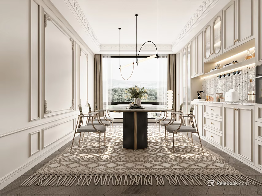 Modern Restaurant Interior Design With Dining Table Hanging Pendant Lights And Patterned Rug 3d model