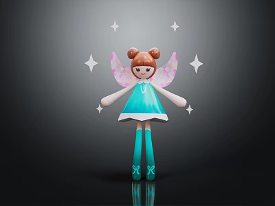 Doll With Brown Hair Pigtails Blue Dress Pink Wings And White Stars On Dark Background 3d model