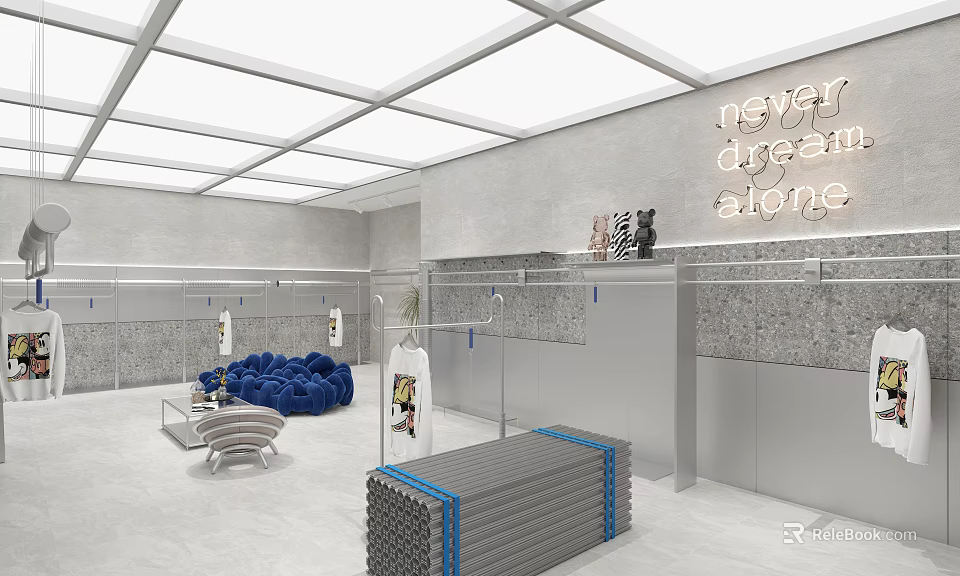 Modern Clothing Store Interior With Display Racks Never Dream Alone Wall Art And Cozy Seating 3d model 