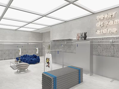 Modern Clothing Store Interior With Display Racks Never Dream Alone Wall Art And Cozy Seating 3d model