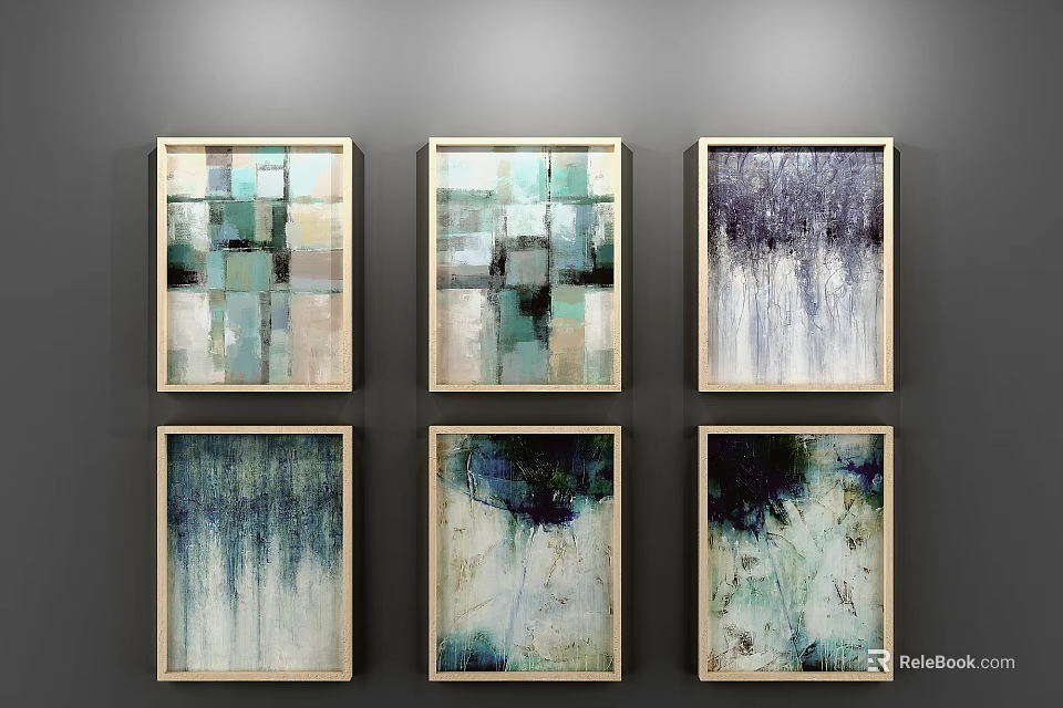 Abstract Paintings With Geometric Patterns And Dripping Effects In Pastel Dark Tones For Wall Decor 3d model 