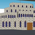 Ancient Style Multi Level Stone Building With Arched Blue Windows And Ornate Decor 3d model