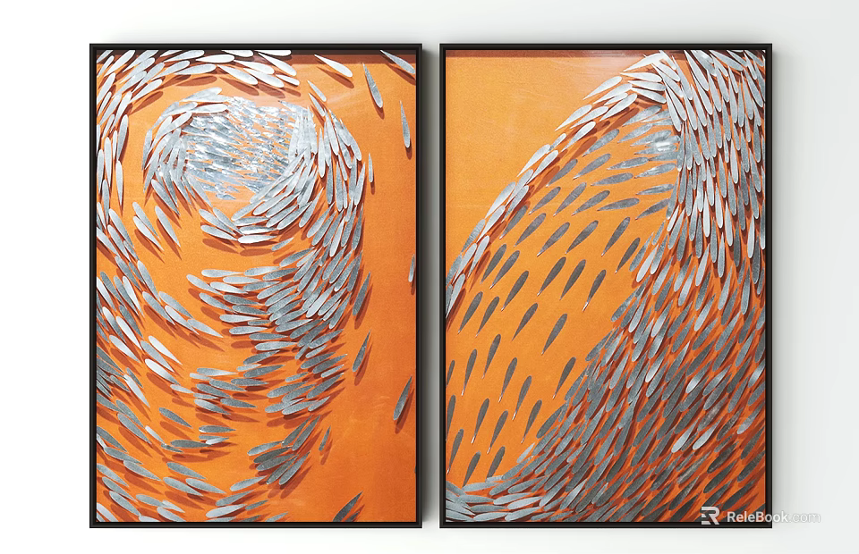 Modern Abstract Wall Art Two Panel With Orange Background And Silver Feather Shapes 3d model