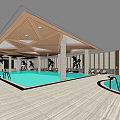 Indoor Swimming Pool Interior With Wooden Ceiling Columns Palm Trees And Lounge Chairs