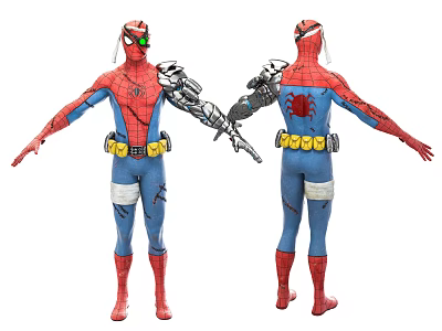 Spider Themed Game Movie Character With Red Blue Suit Mechanical Arm White Bandages Yellow Belt 3d model