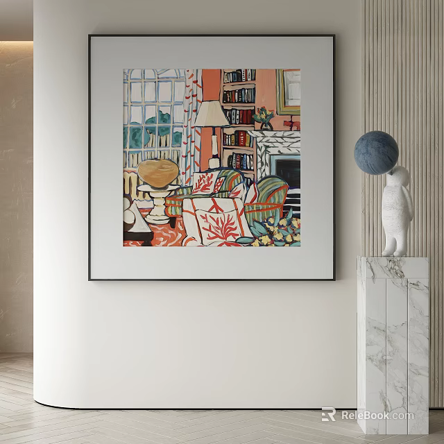 Abstract Painting Vibrant Interior Scene With Bookshelf Lamp Chairs Table And Modern Home Decor 3d model 