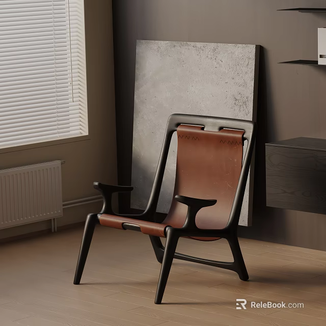 Leisure Chair With Brown Leather Seat And Black Wooden Frame In Interior With Window Blinds And Gray Artwork 3d model 