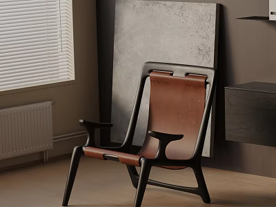 Leisure Chair With Brown Leather Seat And Black Wooden Frame In Interior With Window Blinds And Gray Artwork 3d model