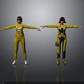 Two Female Characters In Yellow Outfits With Arms Outstretched And Reflections On Gray Background