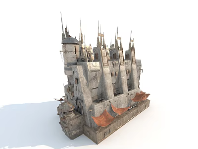 Medieval Stone Castle Structure With Spires Towers And Orange Banners Design 3d model