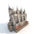 Medieval Stone Castle Structure With Spires Towers And Orange Banners Design