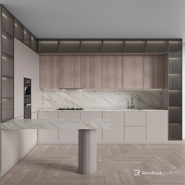 Elegant Light Luxury Kitchen Interior With Marble Island And Wooden Cabinets 3d model 