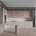 Elegant Light Luxury Kitchen Interior With Marble Island And Wooden Cabinets