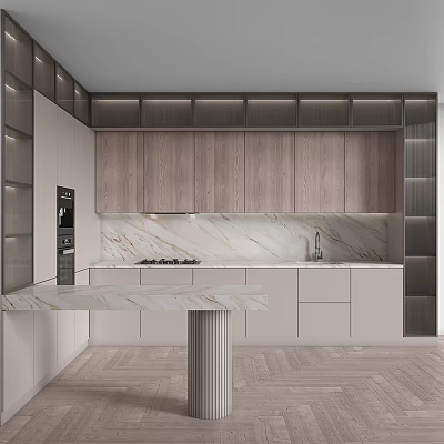 Elegant Light Luxury Kitchen Interior With Marble Island And Wooden Cabinets 3d model