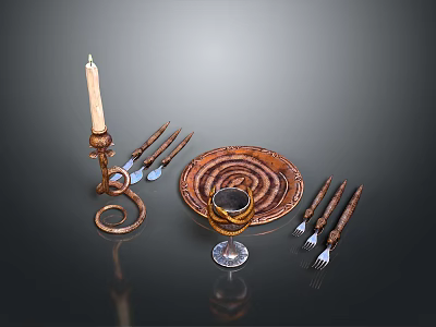 Decorative Rustic Copper Tableware Set With Candle Holder Plate Wine Glass And Silverware 3d model