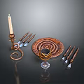 Decorative Rustic Copper Tableware Set With Candle Holder Plate Wine Glass And Silverware 3d model
