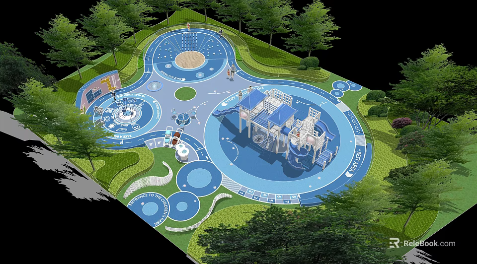 Children's Playground With Slides Sandpit Water Play Area Green Lawn And Shady Trees 3d model 