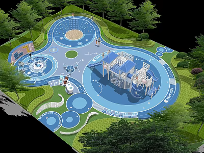Children's Playground With Slides Sandpit Water Play Area Green Lawn And Shady Trees 3d model