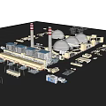 Industrial Factory Complex With Large Domed Structures Red White Chimneys And Blue Roofed Buildings