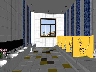 Public Restroom With Yellow Stalls Blue Striped Walls Sinks And Colorful Floor Tiles 3d model