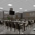 Bright Restaurant Interior With White Tables Beige Chairs Wall TV And Ceiling Lights