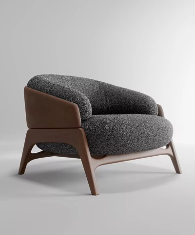Modern Elegant Accent Chair With Gray Bouclé Fabric Brown Leather Armrests And Wooden Legs 3d model