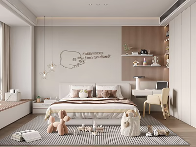 Cozy Kids Room Interior With Bed Hanging Lights Toy Shelf Desk Chair And Stuffed Toys 3d model