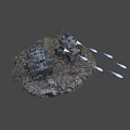 Heavy Gray Military Tanks With Yellow Triangular Marks Firing Cannon On Rocky Terrain