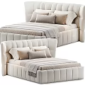 Modern Double Bed With Upholstered Headboard Beige Striped Bedding And Pillows 3d model
