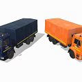 Two Commercial Cargo Trucks in Dark Blue and Orange for Freight Transport