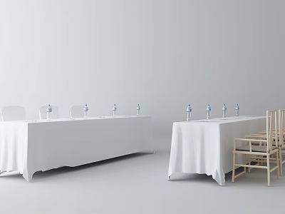Minimalist Conference Tables With White Tablecloth Chairs And Water Bottles 3d model