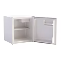 White Mini Refrigerator With Open Door And Interior Storage Shelves Compartments