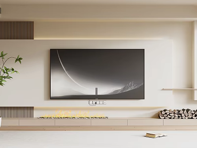 Modern Light Colored TV Wall Design In Living Room With Wooden Accent And LED Strip 3d model