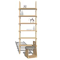 Modern Wooden Bookshelf with Multiple Shelves and Decorative Items Plus Small Stool