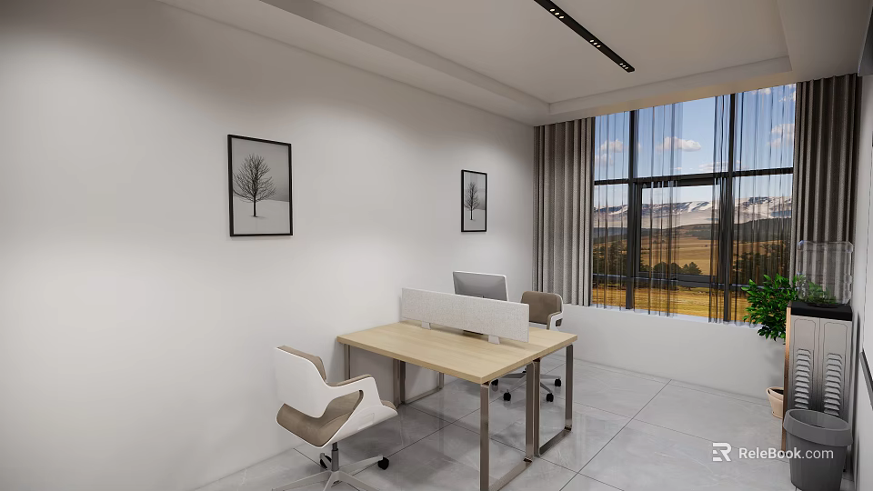 Modern Office Interior With Wooden Desk Chairs Decorative Paintings Large Window And Mountain View 3d model 