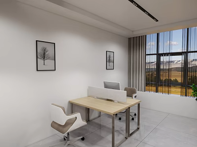 Modern Office Interior With Wooden Desk Chairs Decorative Paintings Large Window And Mountain View 3d model