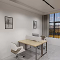 Modern Office Interior With Wooden Desk Chairs Decorative Paintings Large Window And Mountain View