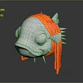 Silver Fish Head 3D Model With Orange Strap And Spikes On Metallic Reflective Surface 3d model