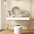Modern White Dressing Table With Golden Legs Round Mirror Cosmetics And Padded Stool