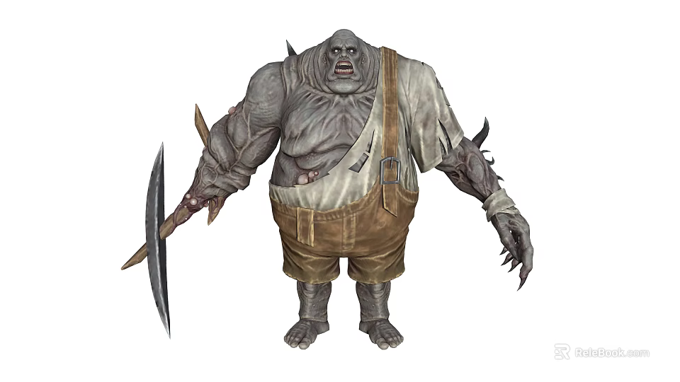 Giant Spiked Monster Character With Grimacing Face Tattered Overalls And Scythe 3d model