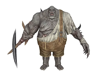 Giant Spiked Monster Character With Grimacing Face Tattered Overalls And Scythe 3d model