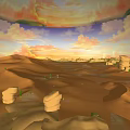 Desert Landscape Sunset View With Sand Dunes Cacti Rocks And Distant Mountains And Colorful Clouds