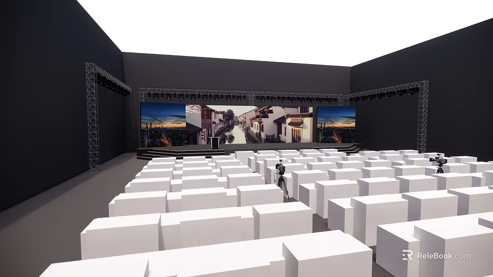 Large Conference Hall With White Seats Stage Projection Screen And Lighting 3d model